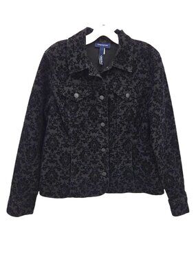 Black Flocked Floral Damask Jacket M Whimsigoth Button Front Fall Layering
